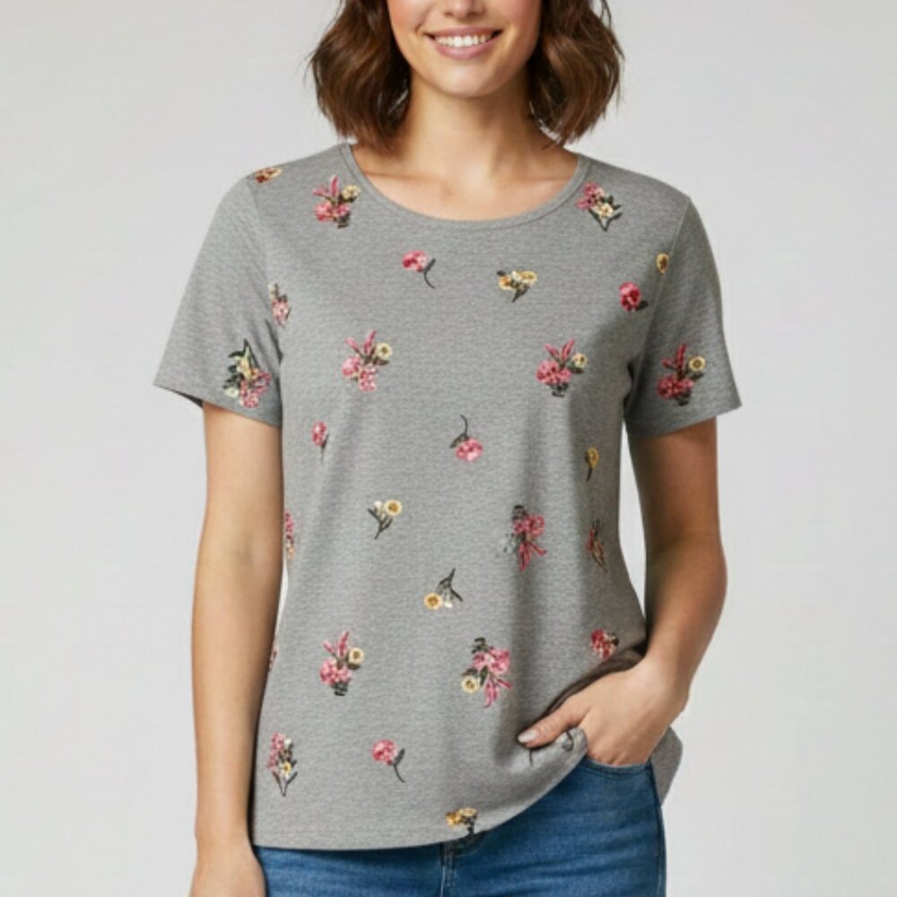 Embroidered Floral T Shirt Short Sleeve Round Neck Gray XL